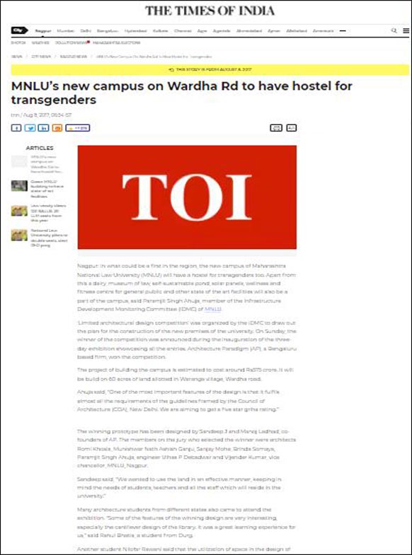 MNLU's New Campus on Wardha Road to have hostel for Transgenders, The Time of India